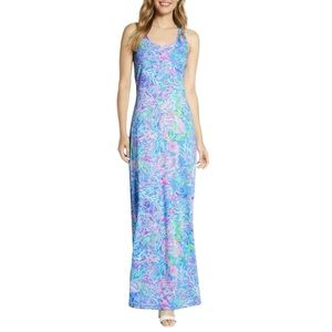Lilly Pulitzer Blue Pink Green Floral Racerback Maxi Dress